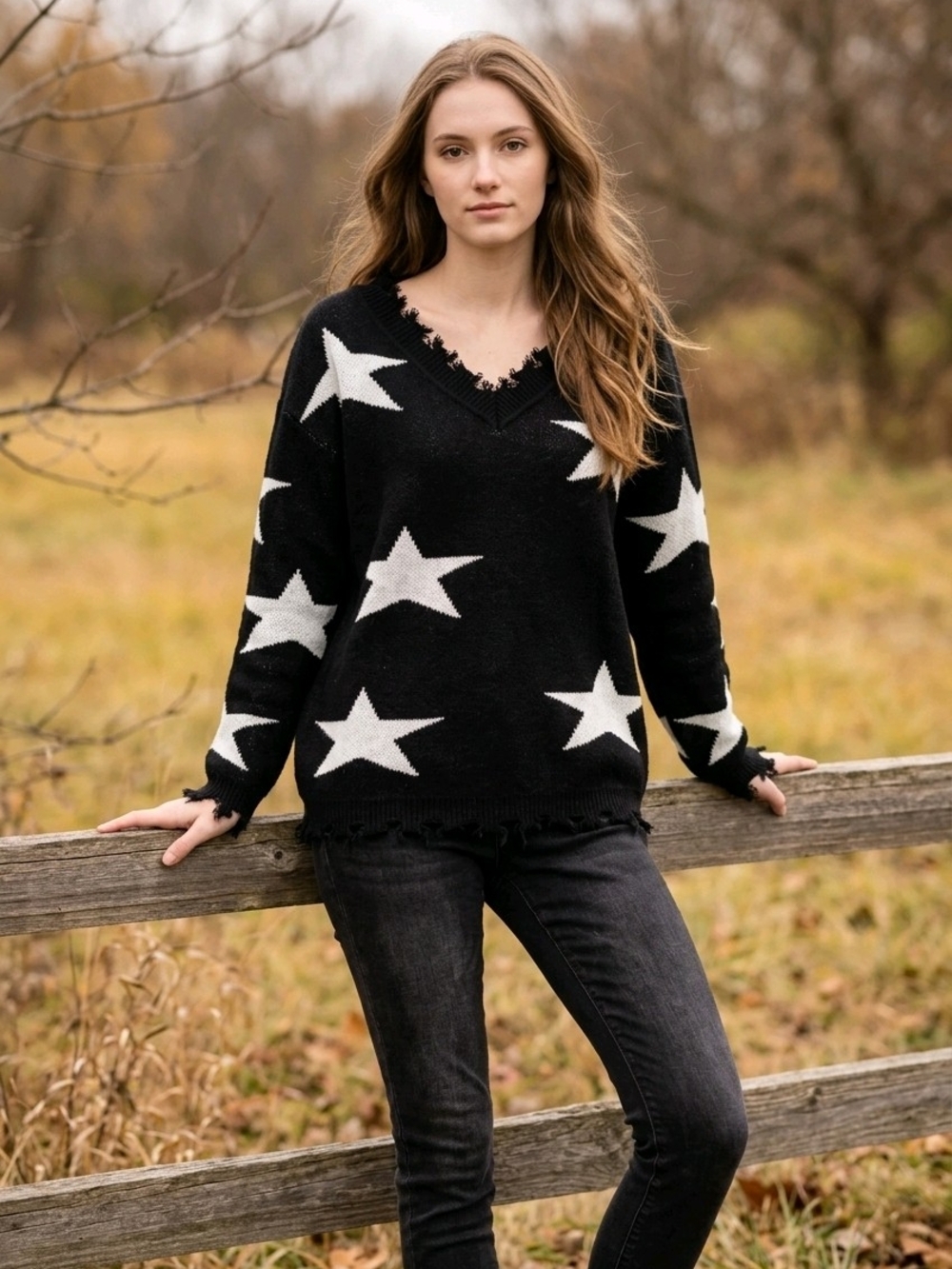 MACARON Black White Star Distressed V Neck Sweater Grunge Y2K Small